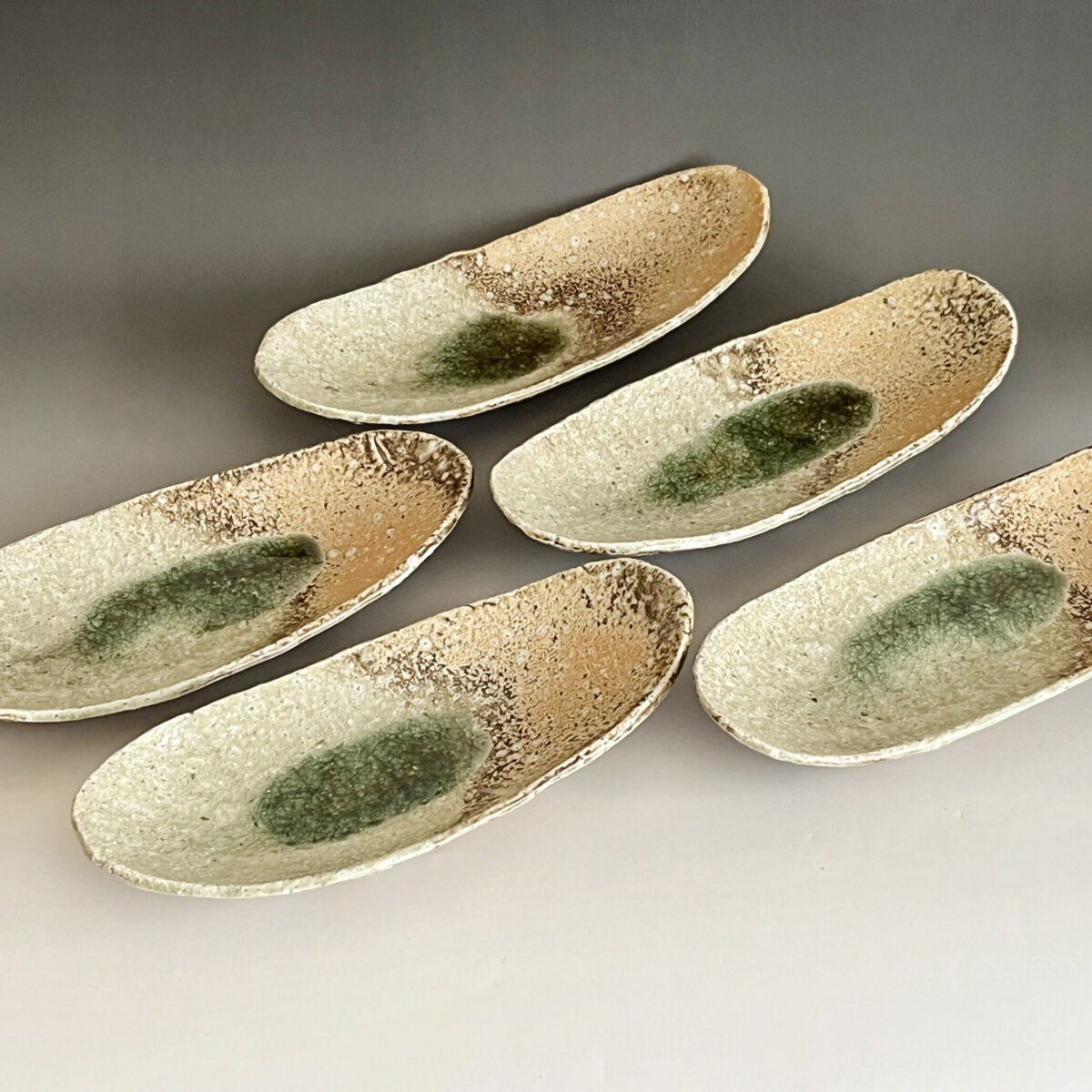 灰釉　盛鉢　五客　銘々皿　長皿