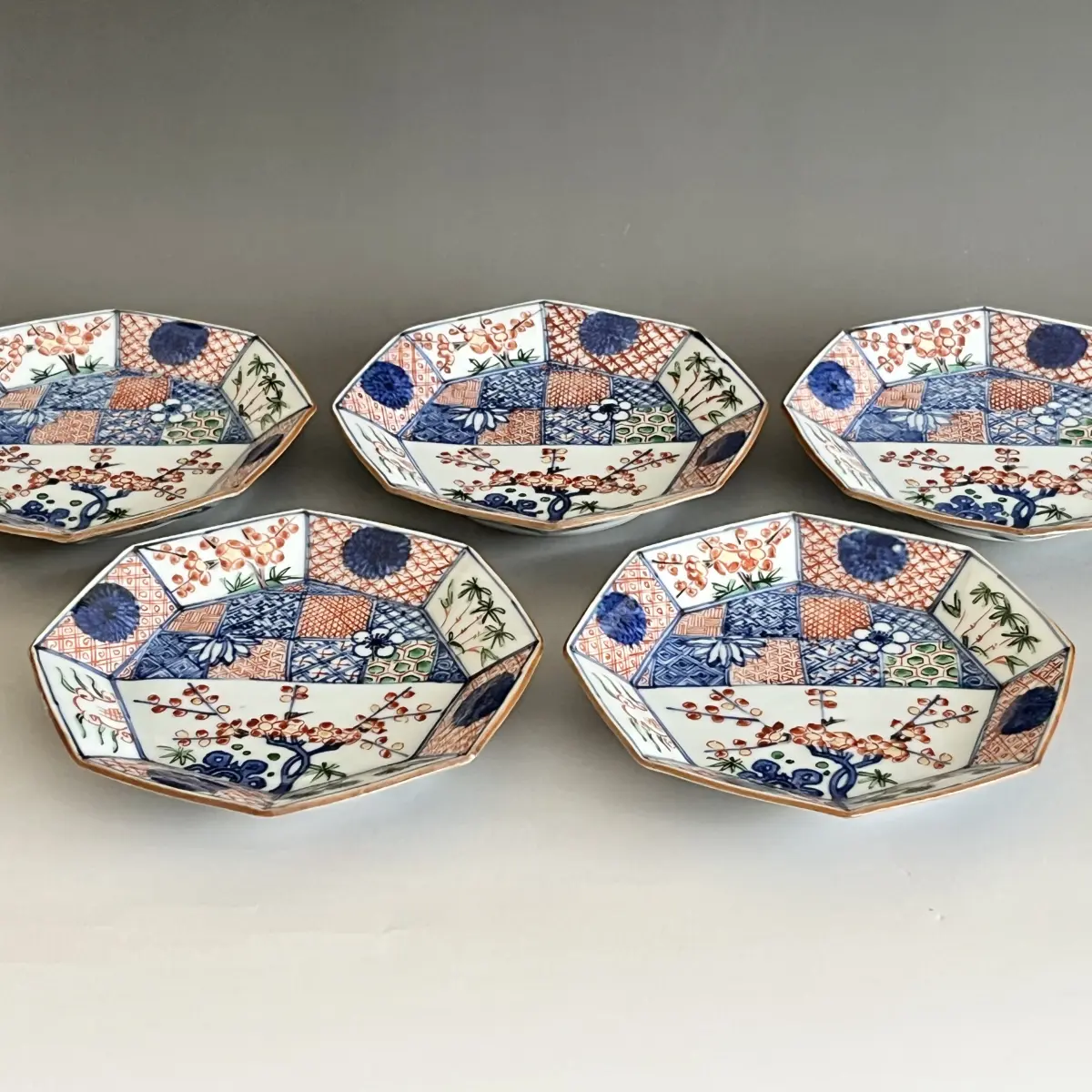 三代 須田菁華 九谷 色絵 祥瑞 松竹梅文 皿 八角皿 五枚 五客 銘々皿