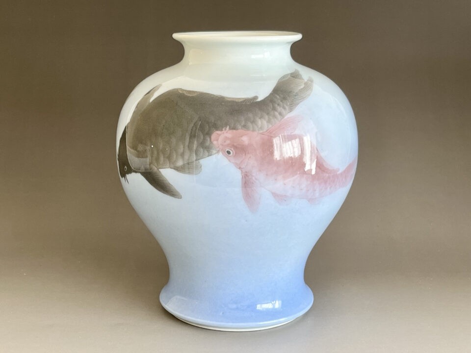 宮川香山　真葛香山　遊鯉文　釉下彩　壷　花入　花生　花器　茶道具