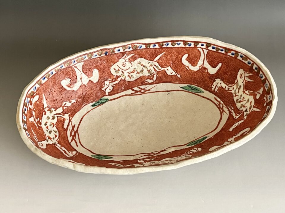 加藤直彦　陽明庵　志野　赤絵金彩　兎文　楕円鉢　大鉢　和食器