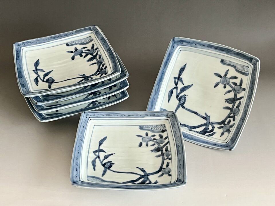 藤川法男　藍水窯　染付　竹鳥　角皿　六客　六枚　銘々皿　懐石　会席　和食器