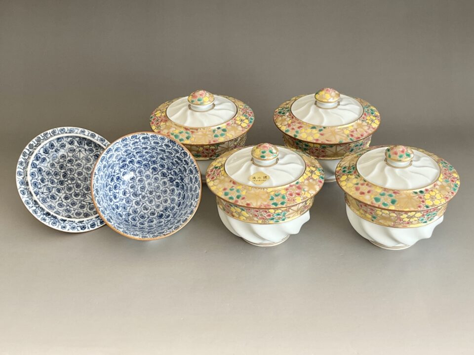 ★ 馬場京泉　京泉窯　着彩雲錦詰　お茶呑茶碗　五客　湯呑　汲出碗　