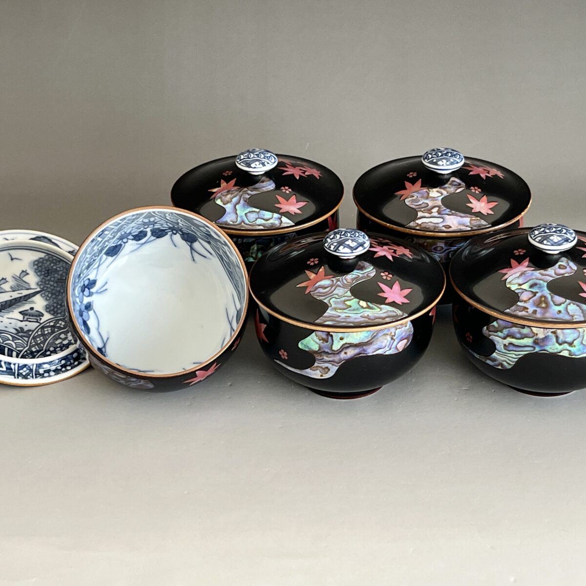 黒螺鈿雲錦　お茶呑茶碗　五客