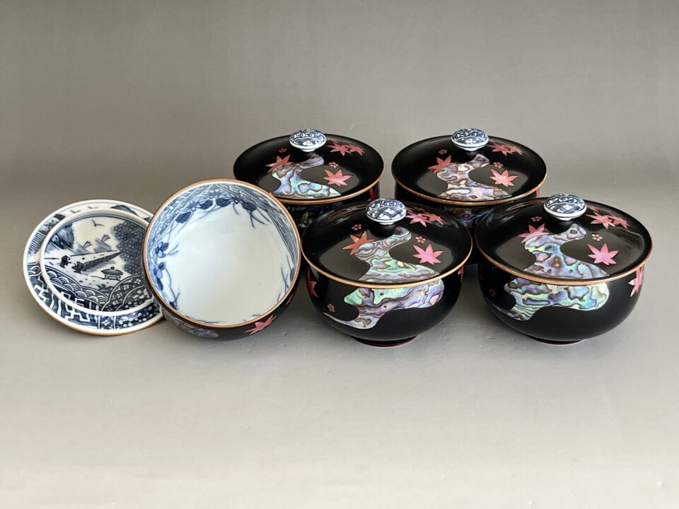 ★ 馬場京泉　京泉窯　黒螺鈿　雲錦　お茶呑茶碗　五客　湯呑　汲出碗　