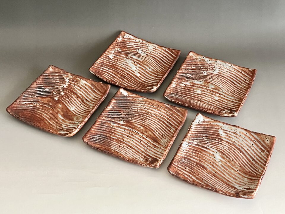 作者不詳　作家不明　赤志野　四方　波状文　銘々皿　五客　五枚　角皿　懐石　会席　和食器