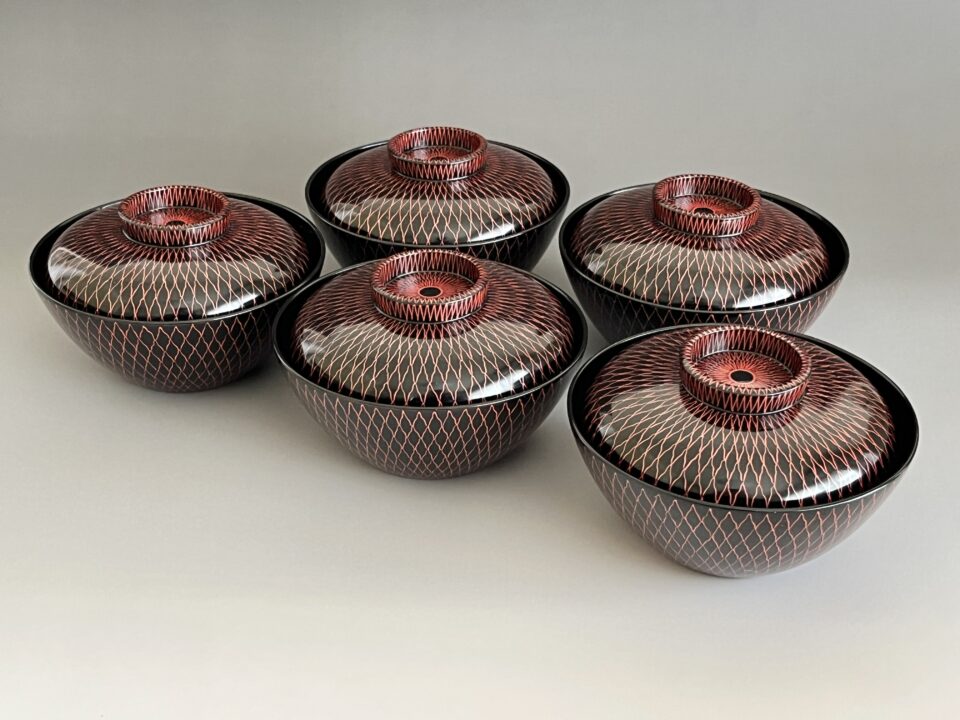 金上保　会津塗　網手　吸物椀　五客　百貨店出展作　懐石　会席　漆器　和食器