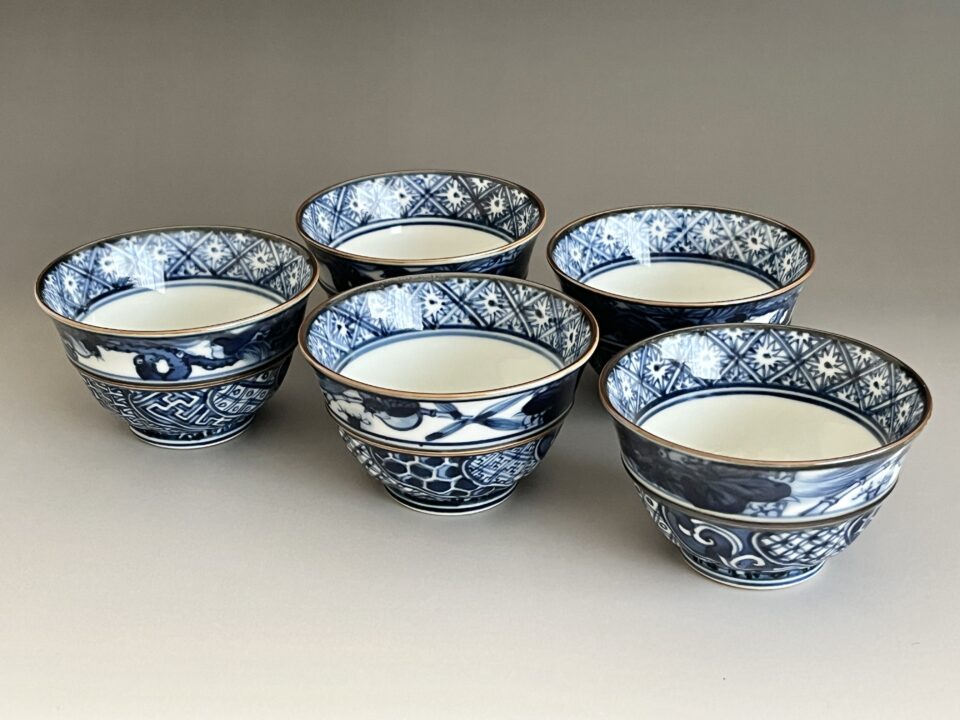 加藤利昌　染付祥瑞　竹に雀　汲出し碗　五客　湯呑　煎茶碗