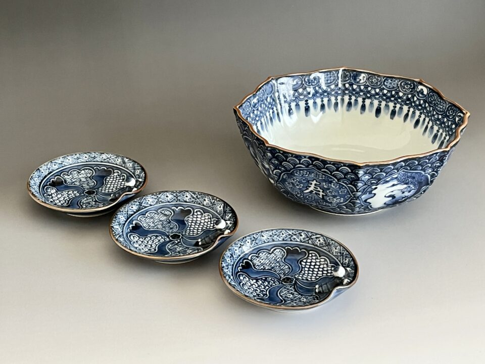 加藤利昌　染付祥瑞　一閑人小皿　福寿字八角鉢　４点　銘々皿　懐石　会席　和食器