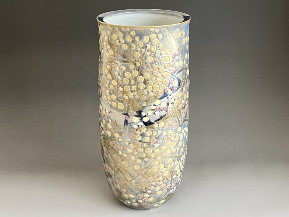 ★ 藤村正美　九谷焼　梅月　花瓶　高さ30.4㎝　花入　花生　花器　茶道具