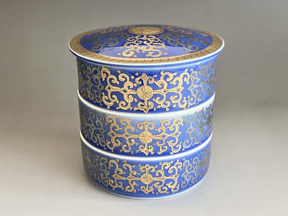 ★ 奈良千秋　瑠璃　金銀彩　段重　蓋物　三段重　陶筥