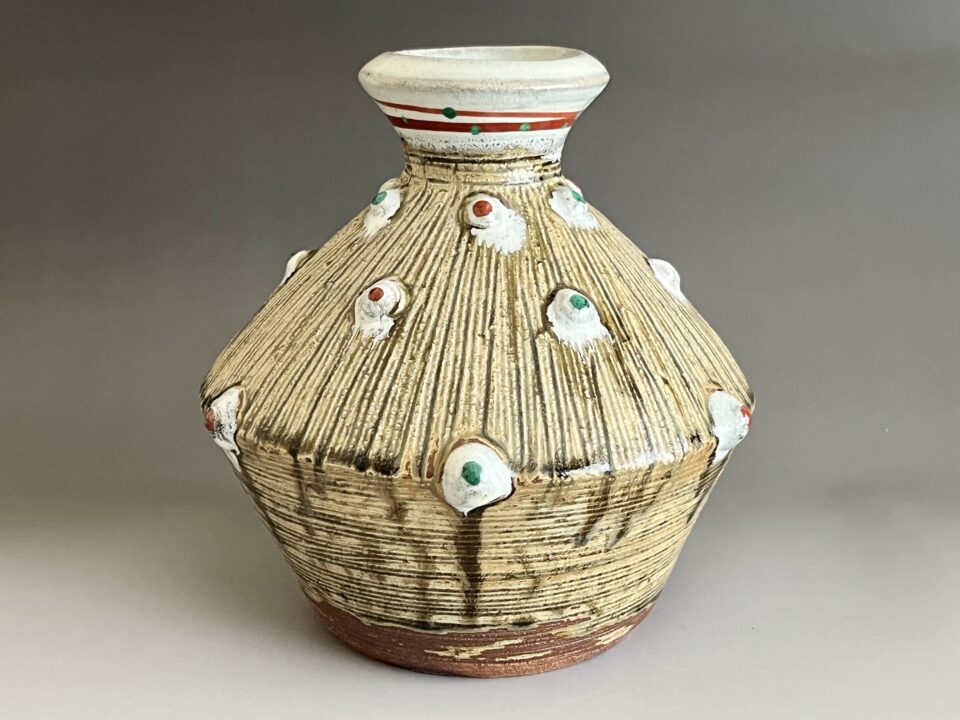 ★ 濱田友緒 （祖父 人間国宝 濱田庄司）　浜田友緒　益子焼　灰釉櫛目　赤絵花瓶　花入　花器　茶道具　民芸