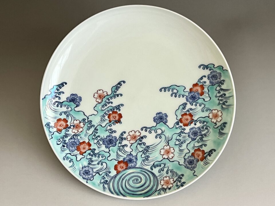 ⚫︎ 明治 大正期　肥前有田　十代 今泉今右衛門　渦波絵皿　胴径22.0㎝　飾り皿　輸出品　里帰り品