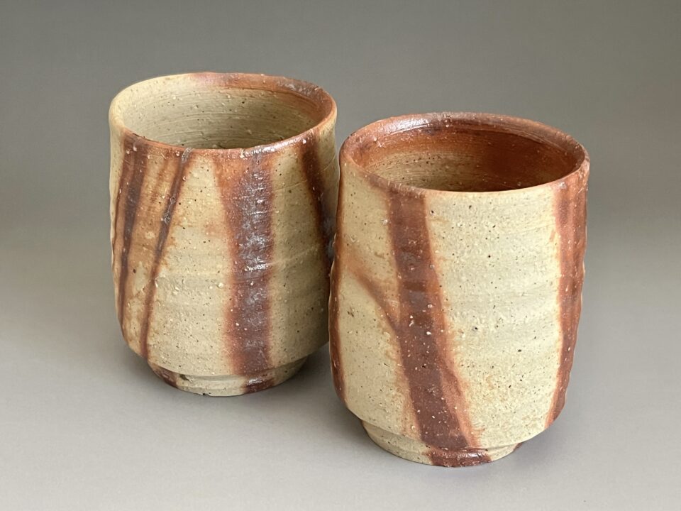 金重素山 （兄 金重陶陽） 円山窯　火襷湯呑　二客　備前緋襷　湯碗一対