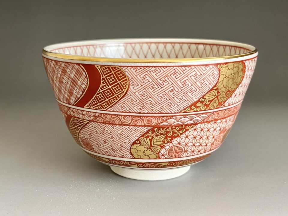 ★ 米久和彦　九谷焼　赤網手捻小紋　茶碗　茶道具