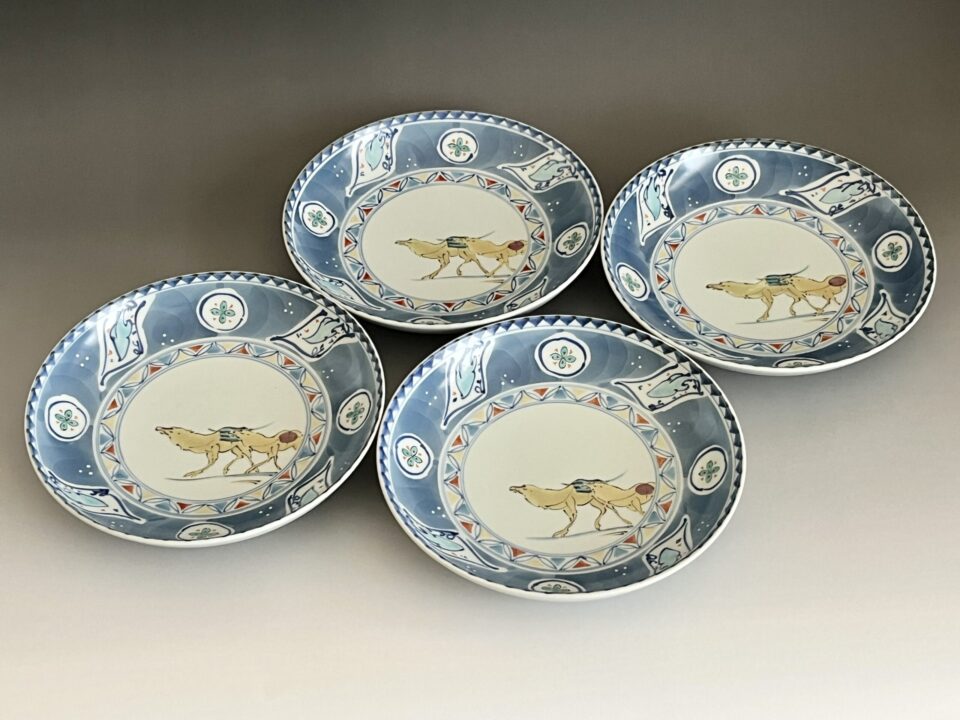 ★ 宮崎祐輔　有田焼　谷鳳窯　染錦駱駝文皿　四客　四枚　銘々皿　和食器