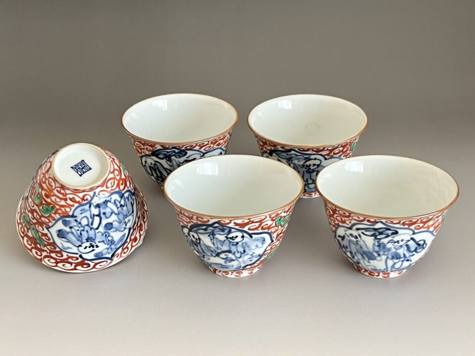 ★ 馬場京泉　京泉窯　着彩唐子文　湯盌　五客　湯呑　汲出碗　煎茶碗　和食器