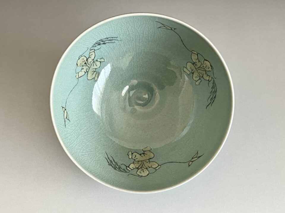 韓国人間国宝 柳海剛　高麗青磁　唐子図茶碗　茶道具