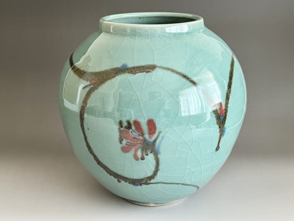 成良仁 （師 人間国宝 田村耕一）　益子焼　青磁釉鉄絵壷　青瓷　花入　花器　茶道具