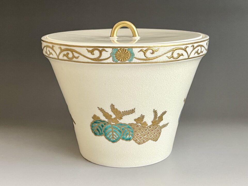 ★ 橋本陶正山　薩摩焼　桐ノ絵　末広水指　茶道具　金彩