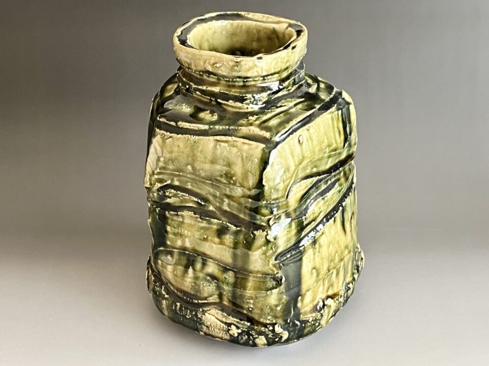 ★ 林正太郎　織部　花入　高さ25.0㎝　花生　花器　茶道具