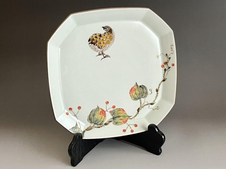 影山明志 （師 人間国宝 藤本能道） 色絵　鶉山帰来紋　隅切皿　飾り皿　和食器　①