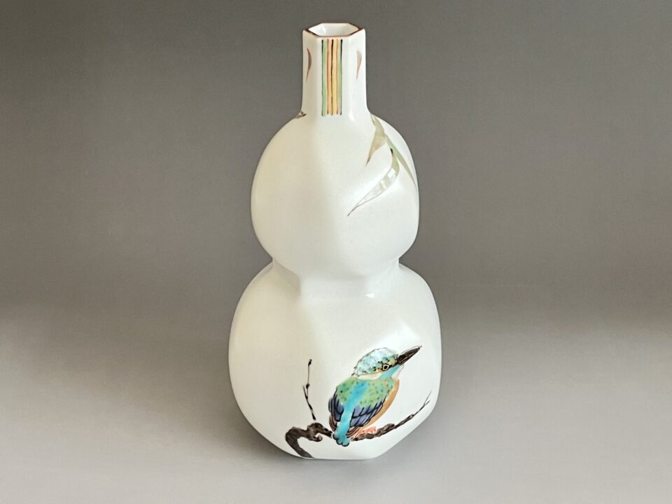 影山明志 （師 人間国宝 藤本能道） 色絵　翡翠図　瓢形徳利　カワセミ　酒器　①