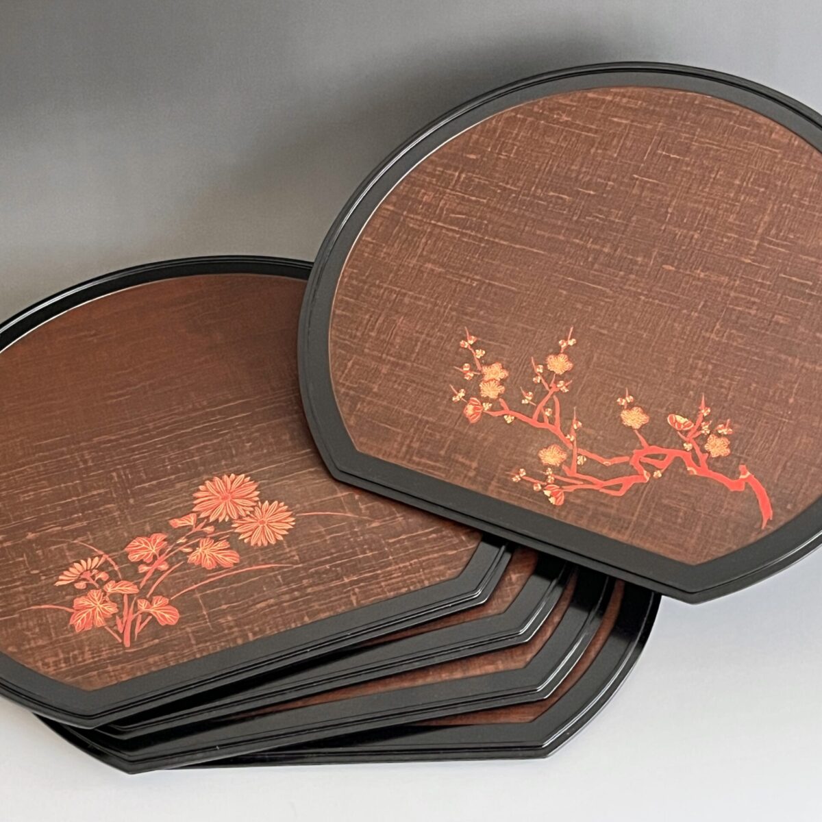 四君子蒔絵　会席膳　布目図替わり　五枚