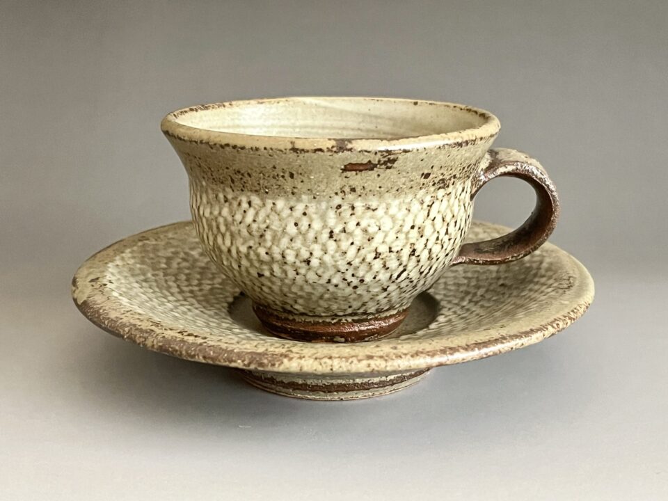 人間国宝 島岡達三　益子焼　象嵌珈琲碗　カップ＆ソーサー　C/S