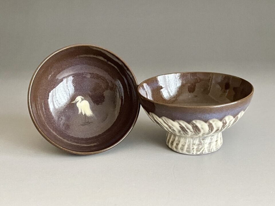 ★ 十三代 横石臥牛 豊瑞軒　現川焼　白鷺文　盃　二客　ぐい呑　酒盃　酒器