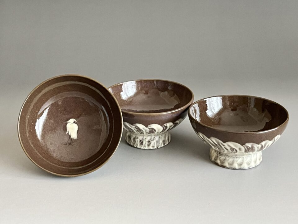 ★ 十三代 横石臥牛 豊瑞軒　現川焼　白鷺文　盃　三客　ぐい呑　酒盃　酒器