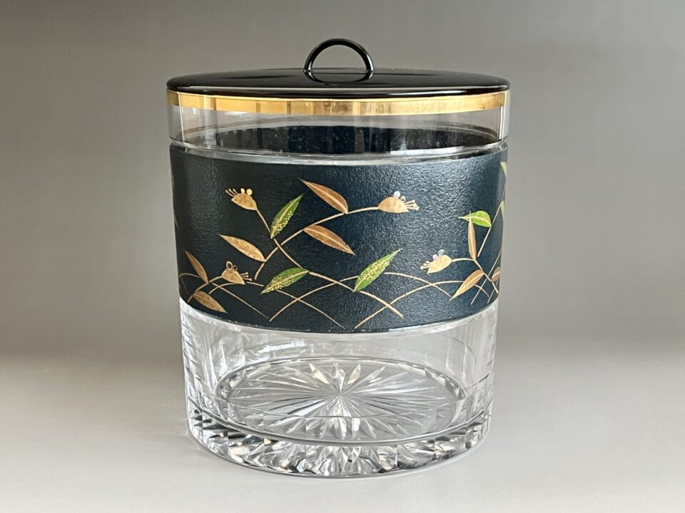 ★ 関吉昭 吉田華正 合作　青乾漆　硝子露草水指　茶道具　ガラス工芸　漆芸