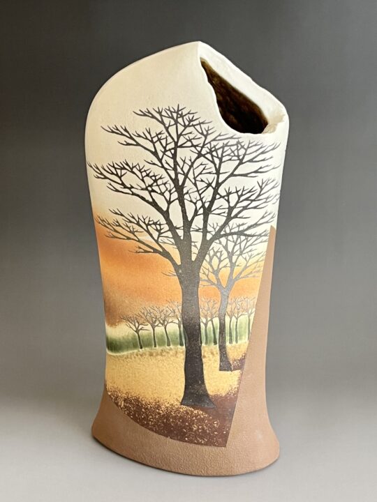 ★ 佐伯守美　象嵌釉彩　樹木文花瓶　2003年作　高さ32.0㎝　花入　花器　茶道具
