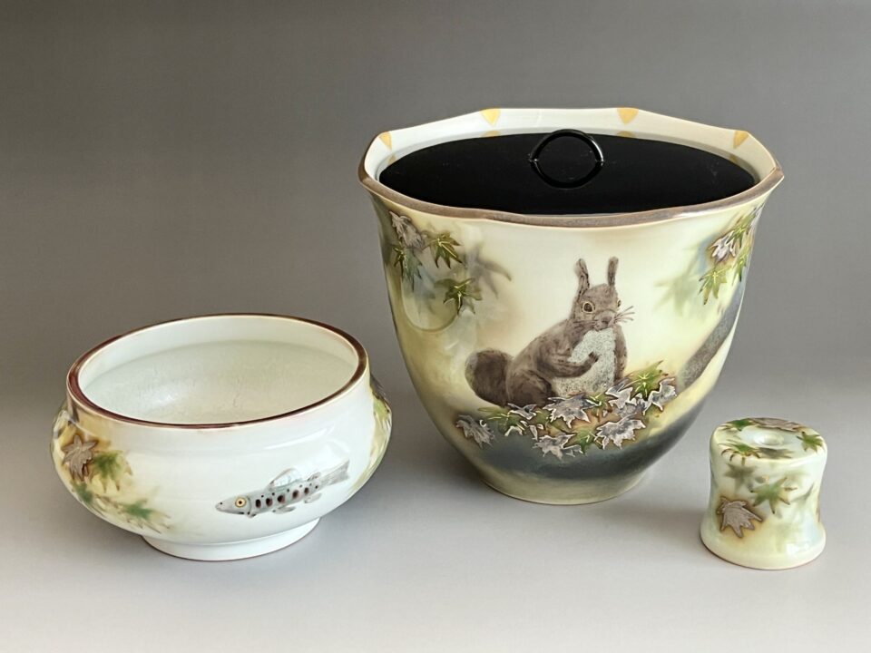 ★ 伊藤北斗（師 人間国宝 藤本能道） 吹描色絵金銀彩　水指 建水 蓋置　出展作品　皆具　茶道具