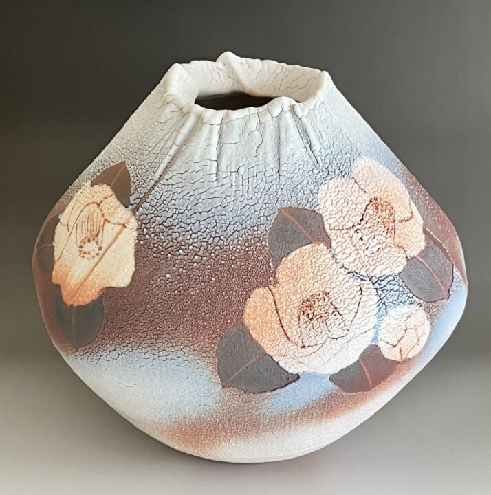 ★ 加藤豊久 （土代久） 鼡志野椿扁壷　胴径38.5㎝　出展作　花入　花器　茶道具　オブジェ