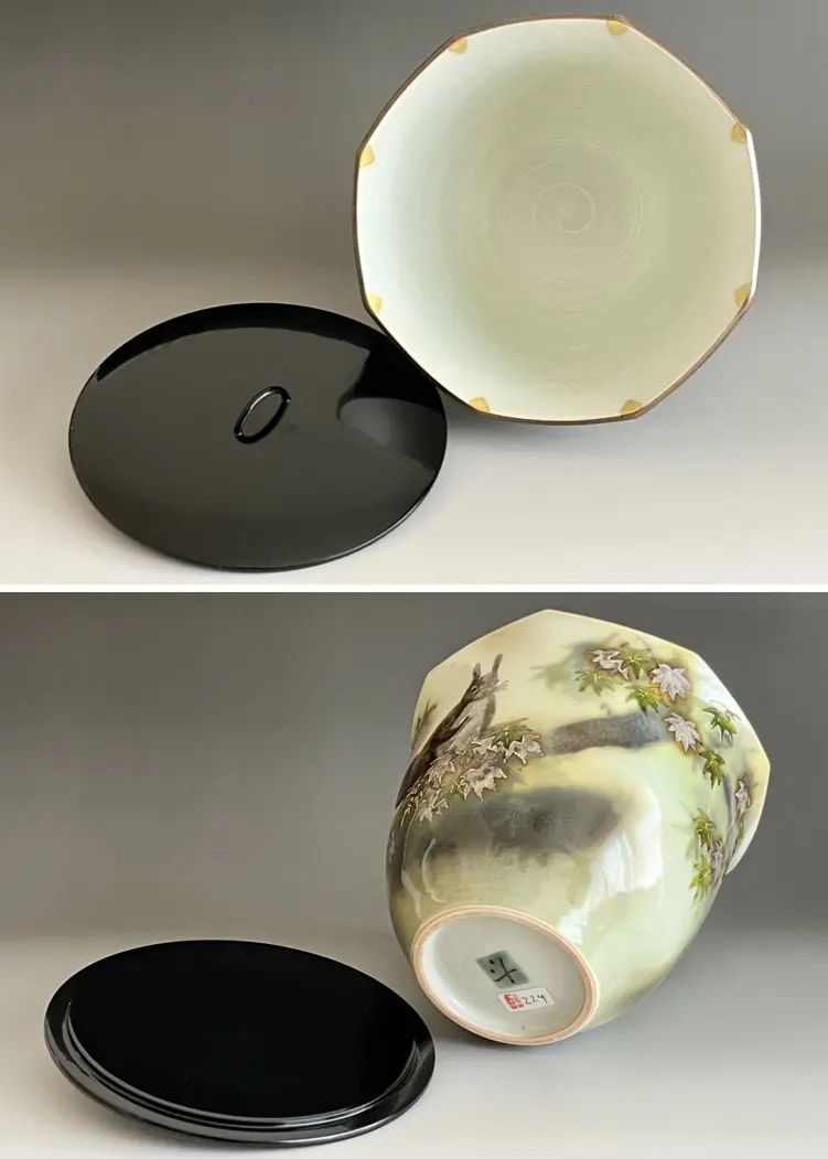 ☆ 伊藤北斗（師 人間国宝 藤本能道） 吹描色絵金銀彩 水指 建水 蓋置