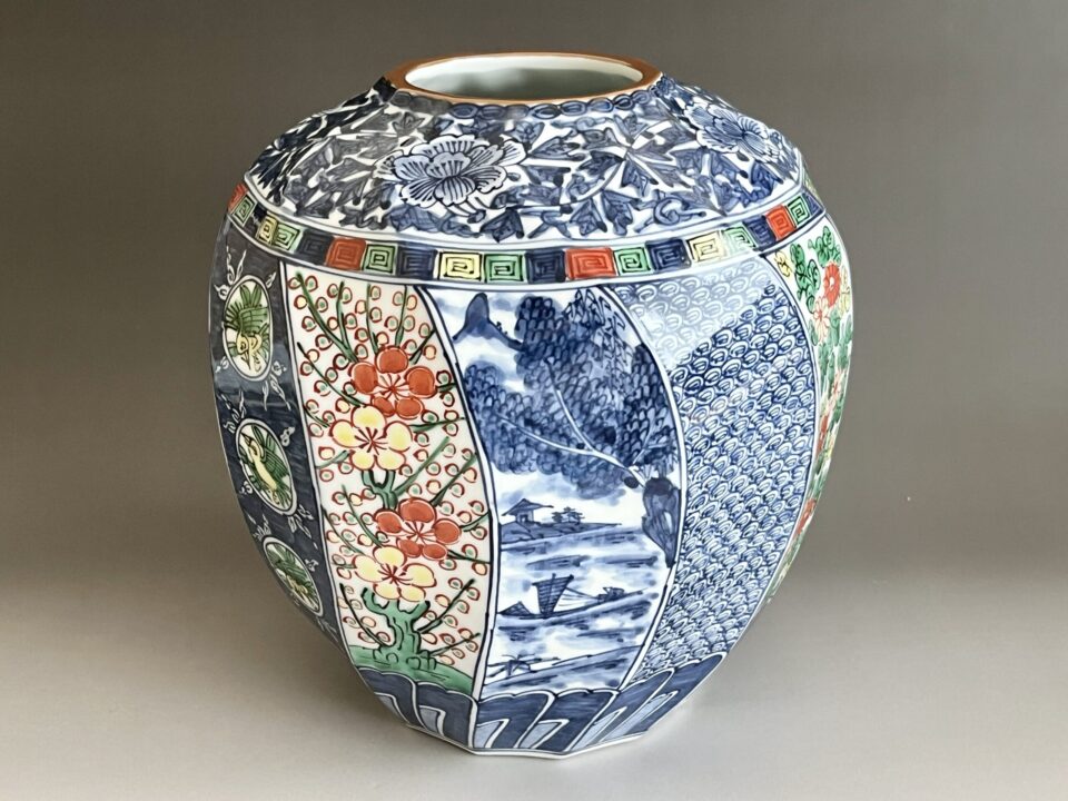 平安　京泉窯　馬場京泉　磁彩間取四君子　花瓶　壷　花器　