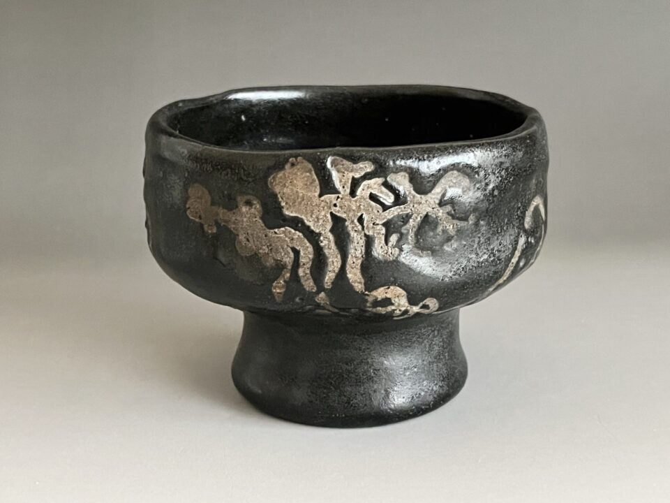 作者不詳　作家在銘　時代　黒楽　松絵　馬上杯茶碗　高台茶碗　茶道具　　