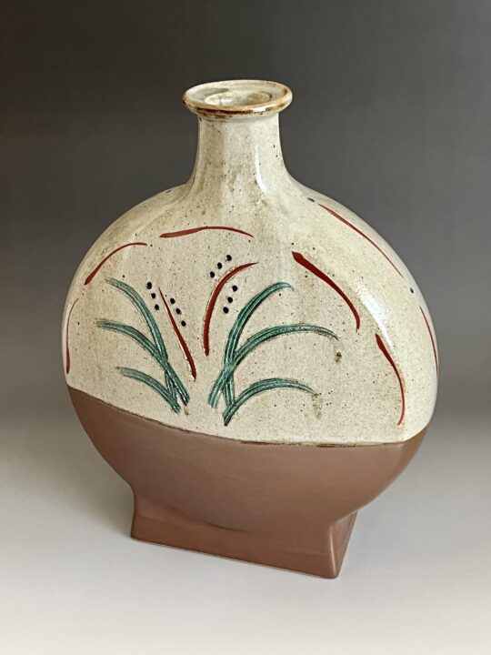 ★ 明石庄作 （師 人間国宝 浜田庄司） 益子焼　柿釉花紋扁壷　高さ30.5㎝　花瓶　花入　花器　茶道具