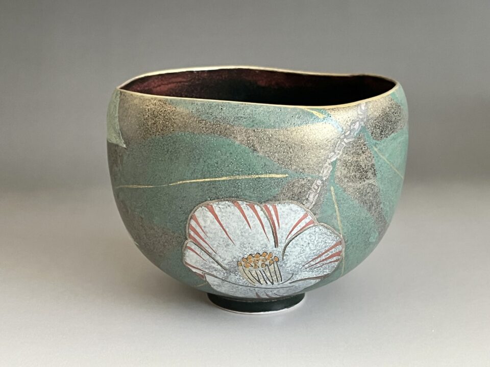 ★ 伊藤北斗 （師 人間国宝  藤本能道） 銀彩椿文　茶碗　茶道具　出展作品