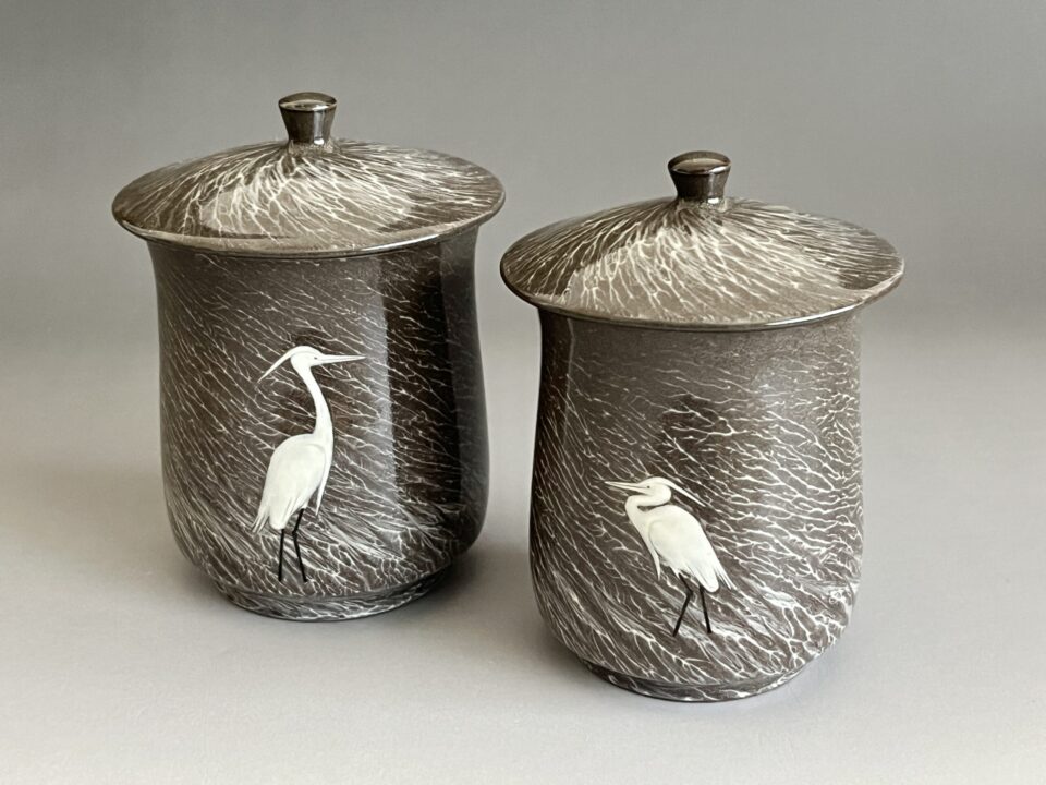 十三代 横石臥牛　現川焼　白鷺　夫婦蓋付湯呑　二客　湯碗